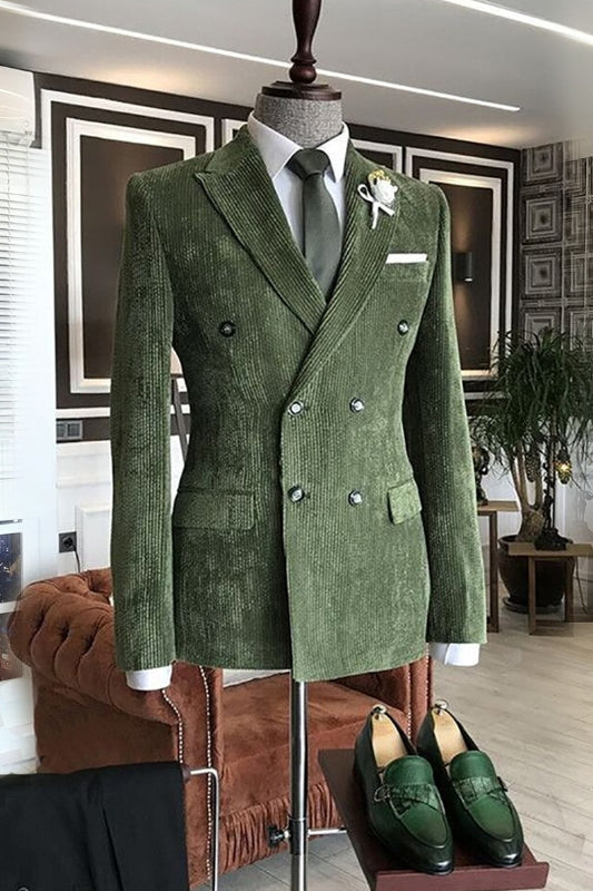 Olive Green Corduroy Double Breasted Peaked Lapel Men Suits