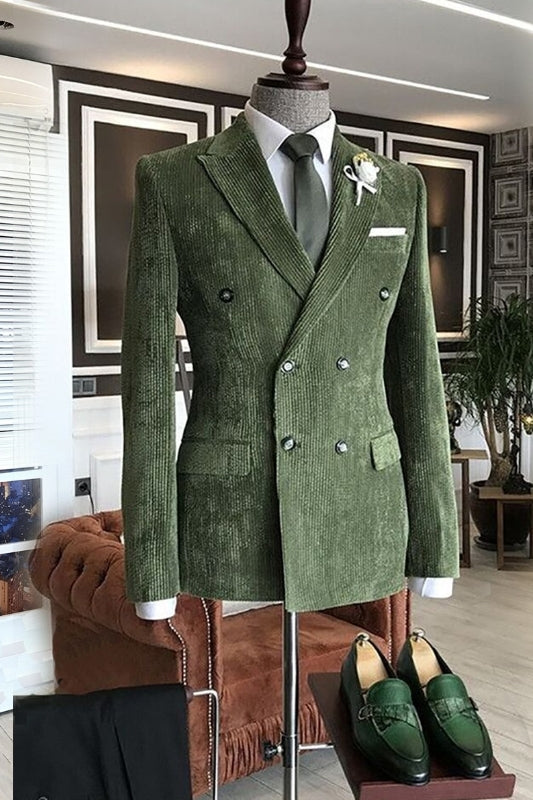 Olive Green Corduroy Double Breasted Peaked Lapel Men Suits Secondary image
