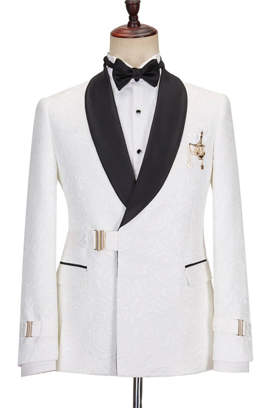 White Jacquard Black Shawl Lapel Buckle Belt Men Suits