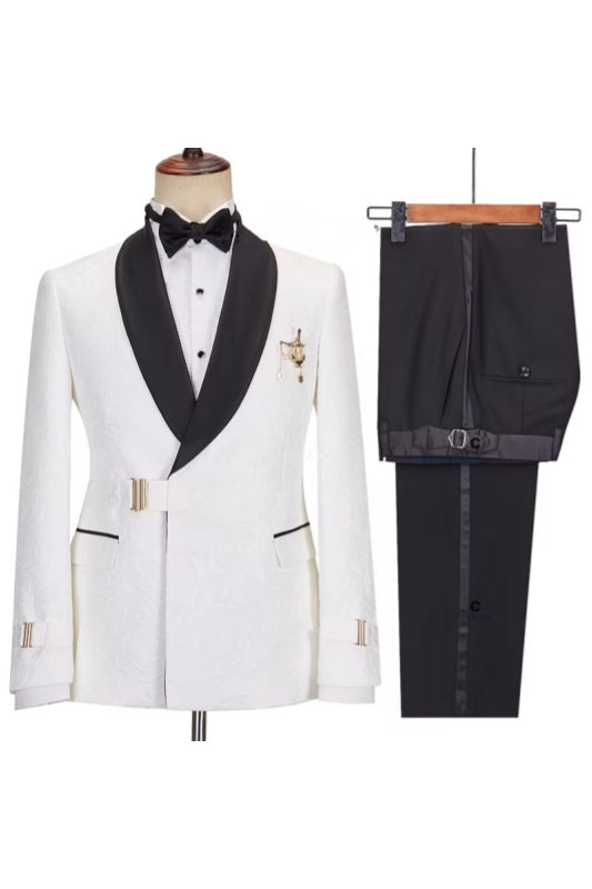 White Jacquard Black Shawl Lapel Buckle Belt Men Suits Secondary image