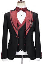 Black 3 Piece Sparkly Burgundy Peaked Lapel Men Suits