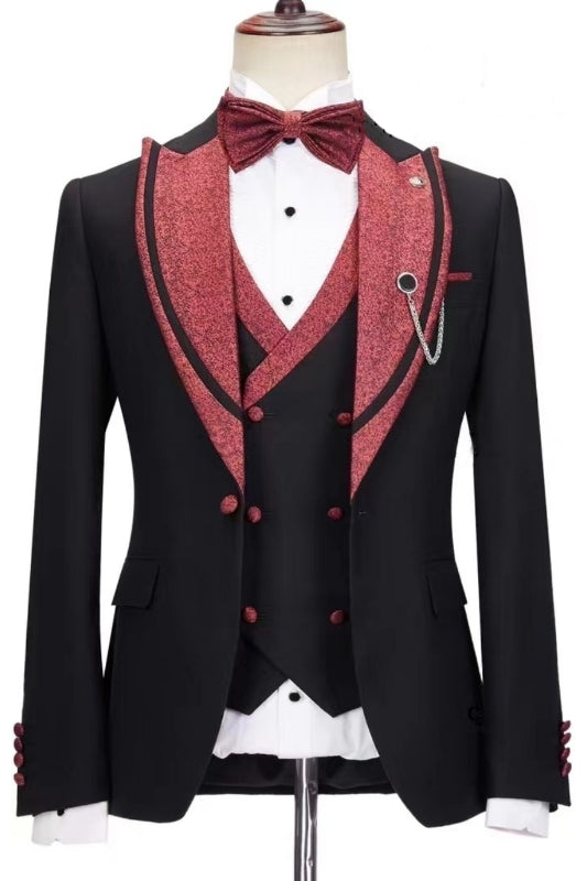 Black 3 Piece Sparkly Burgundy Peaked Lapel Men Suits