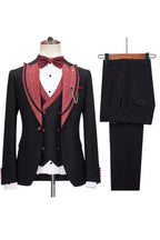 Black 3 Piece Sparkly Burgundy Peaked Lapel Men Suits