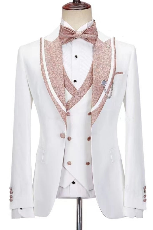 White 3 Piece Sparkly Pink Peaked Lapel Men Suits Main image