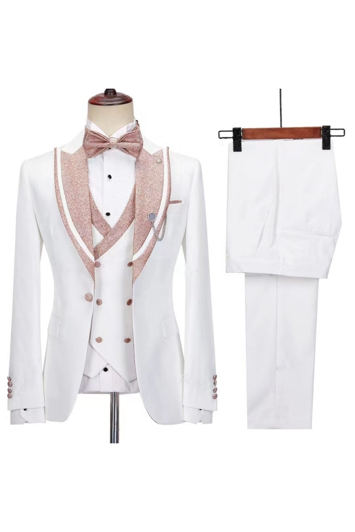 White 3 Piece Sparkly Pink Peaked Lapel Men Suits Secondary image