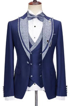 Navy Blue 3 Piece Sparkly Silver Peaked Lapel Men Suits