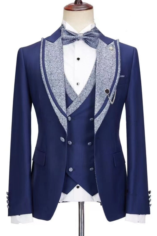 Navy Blue 3 Piece Sparkly Silver Peaked Lapel Men Suits