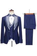 Navy Blue 3 Piece Sparkly Silver Peaked Lapel Men Suits