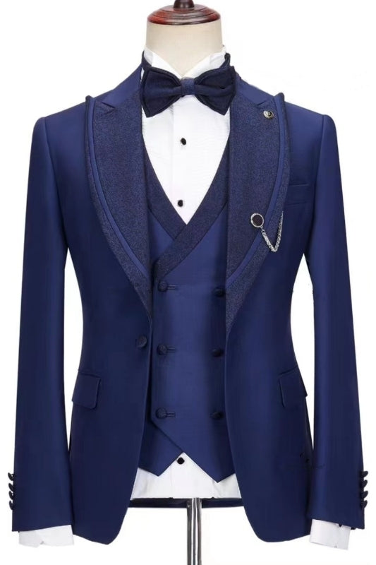 Best Fitted Navy Blue 3 Piece Sparkly Peaked Lapel Men Suits Main image