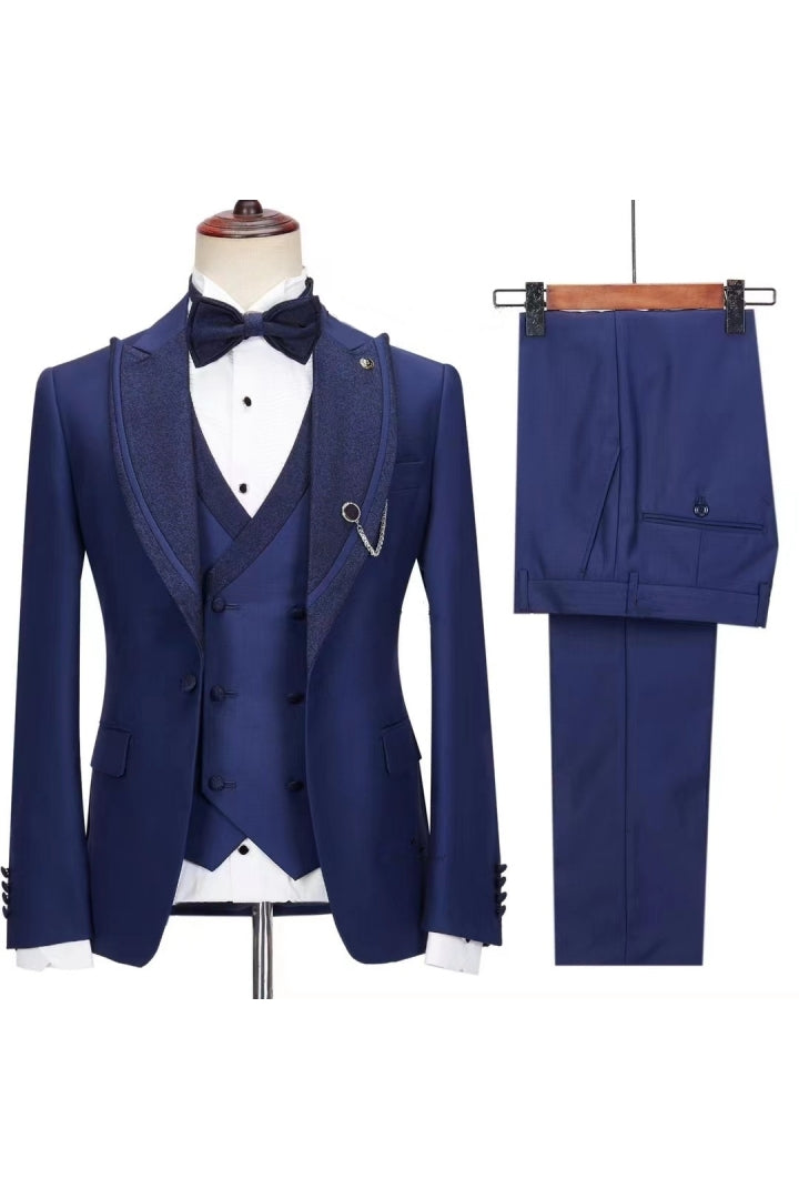 Best Fitted Navy Blue 3 Piece Sparkly Peaked Lapel Men Suits Secondary image
