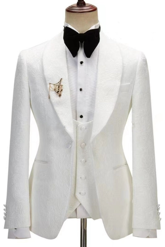 3 Piece White Jacquard Shawl Lapel Men Suits With Black Pants