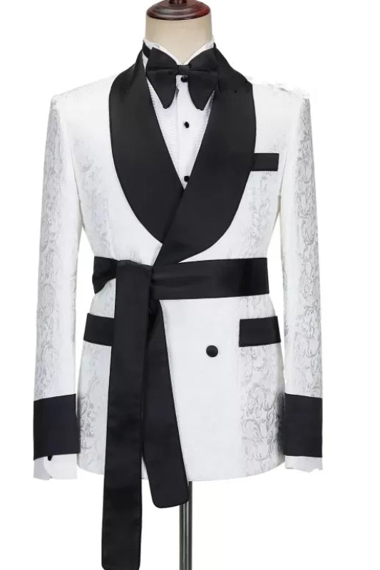 White Jacquard Double Breasted Black Shawl Lapel Men Suits With Belt Main image