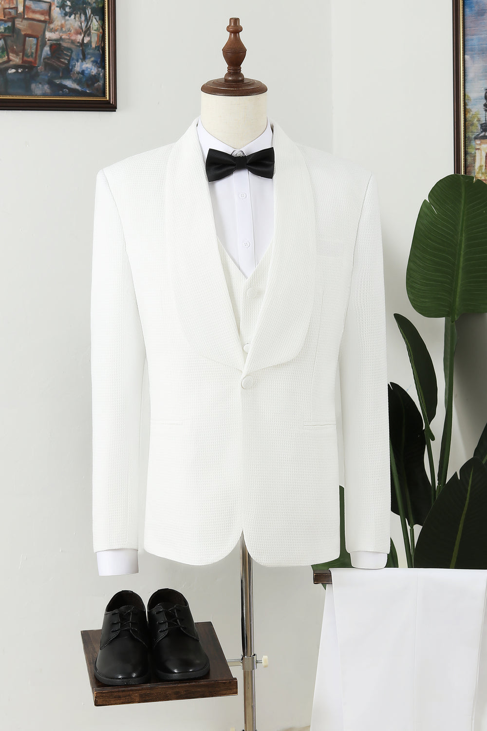 Best Fitted White 3 Piece Shawl Lapel Plaid Men Suits