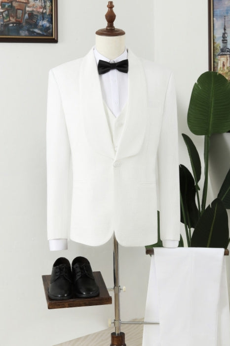 Best Fitted White 3 Piece Shawl Lapel Plaid Men Suits