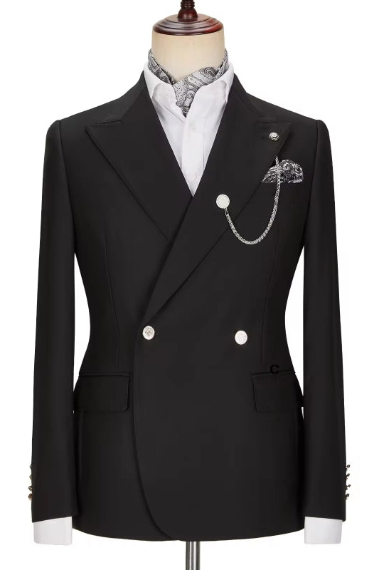 Simple Black Double Breasted Peaked Lapel Men Suits