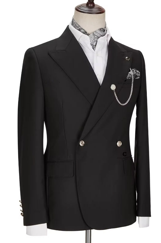 Simple Black Double Breasted Peaked Lapel Men Suits