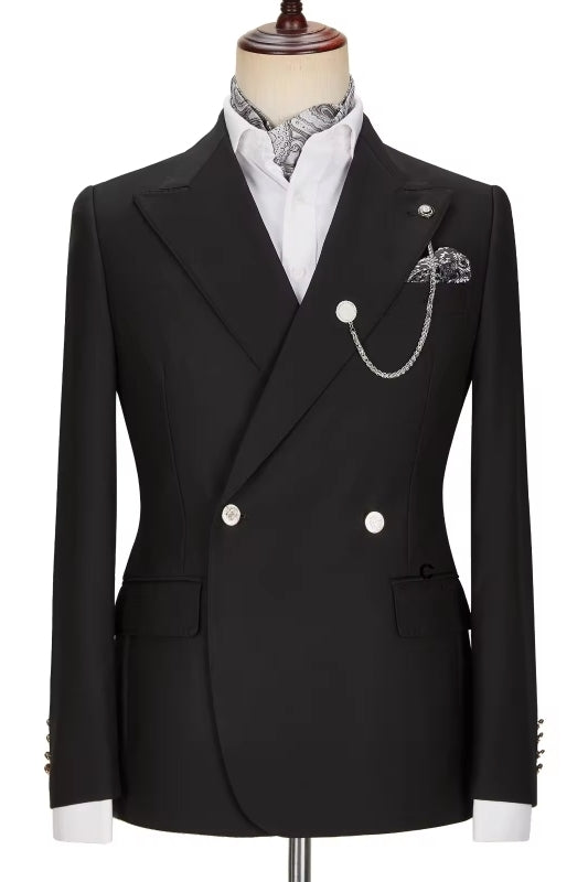 Simple Black Double Breasted Peaked Lapel Men Suits