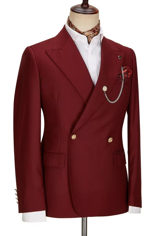 Dark Red Double Breasted Peaked Lapel Men Suits