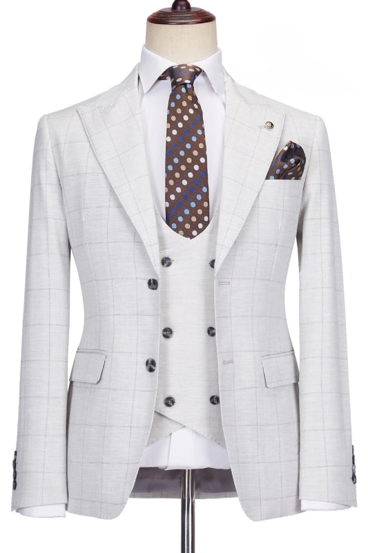 Modern Light Gray Peaked Lapel Plaid Men Suits With Waistcoat