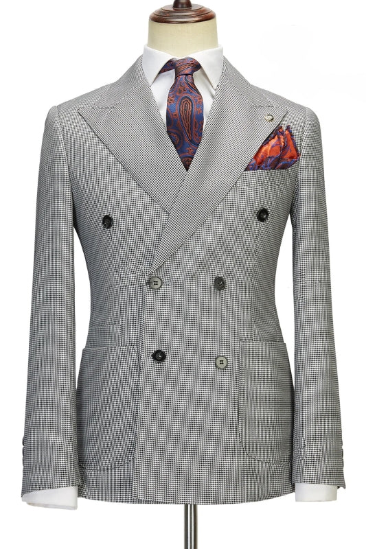 Chic Black Plaid Double Breasted Peaked Lapel Men Suits