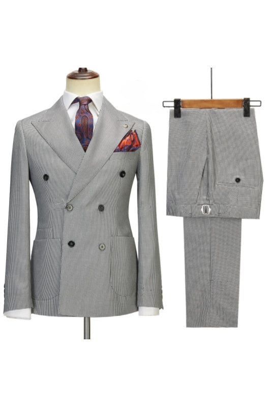 Chic Black Plaid Double Breasted Peaked Lapel Men Suits