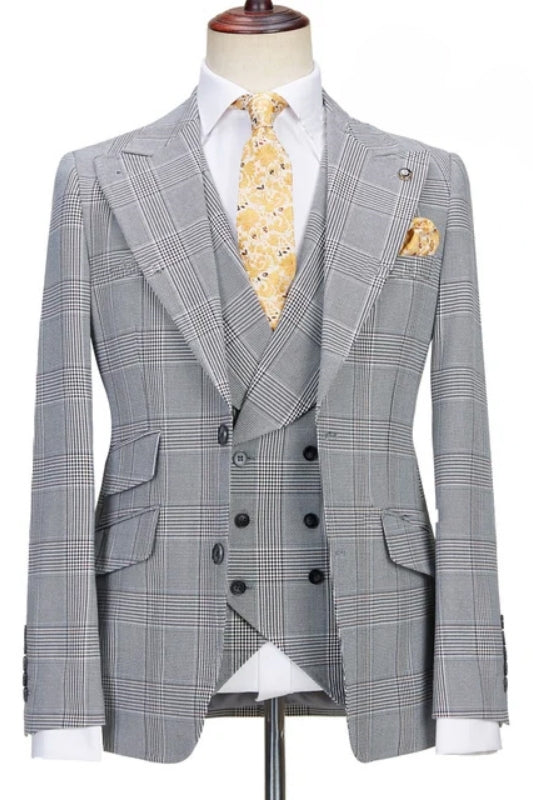 Bespoke Gray Plaid Peaked Lapel Men Suits With Waistcoat Main image