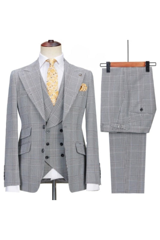 Bespoke Gray Plaid Peaked Lapel Men Suits With Waistcoat