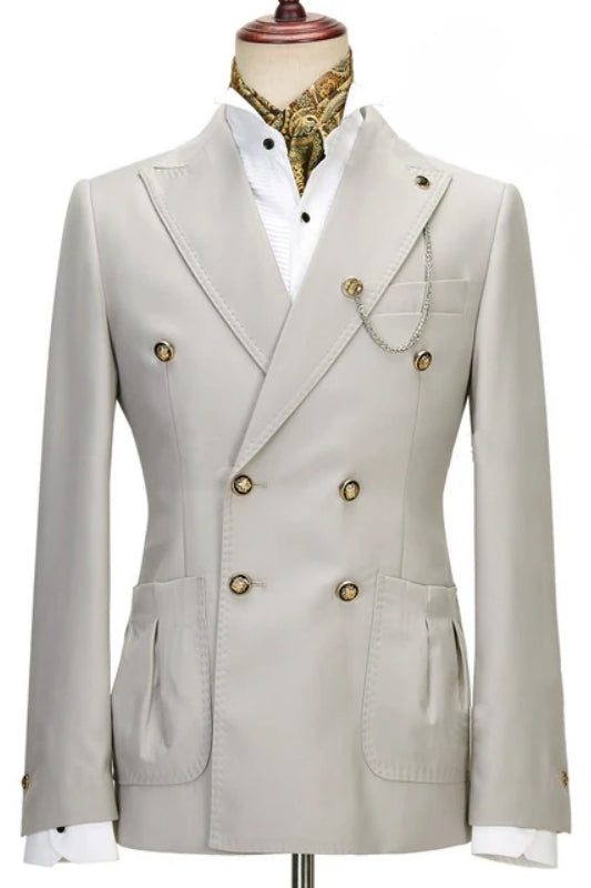 Fancy Light Gray Double Breasted Peaked Lapel Men Suits Main image