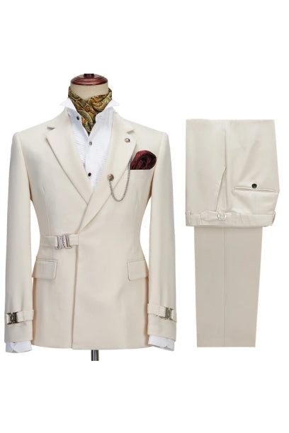 Off-White Notched Lapel Buckle Button Suits For Men