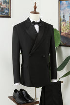 Black Stylish Peaked Lapel Double Breasted Slim Fit Men Suits