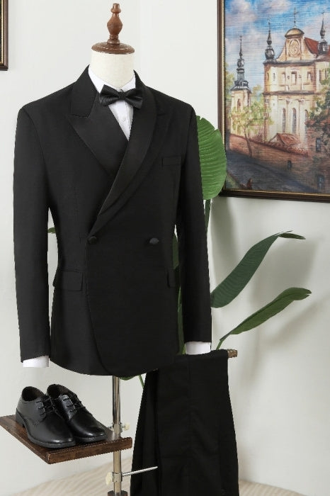 Black Stylish Peaked Lapel Double Breasted Slim Fit Men Suits