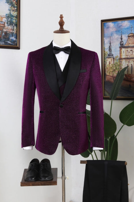 Sparkly Purple Shawl Lapel 3 Piece Men Suits