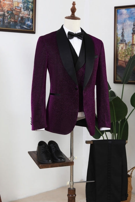 Sparkly Purple Shawl Lapel 3 Piece Men Suits
