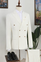 Off-White Double Breasted Peaked Lapel Striped Men Suits