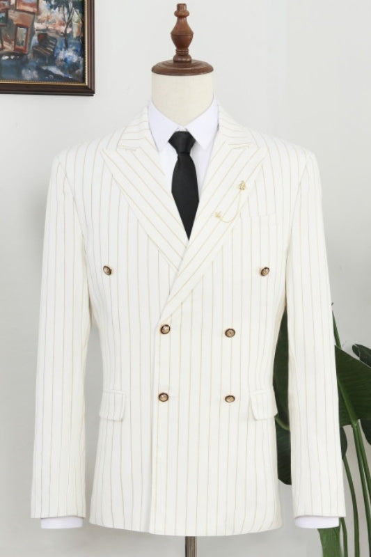 Off-White Double Breasted Peaked Lapel Striped Men Suits Secondary image
