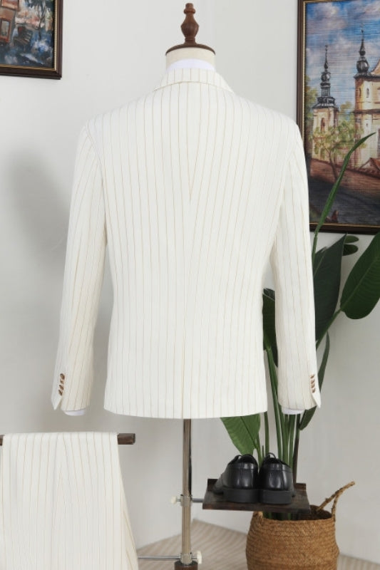 Off-White Double Breasted Peaked Lapel Striped Men Suits