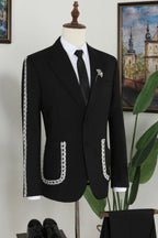 Formal Black Notched Lapel White Lace Chain Embellished Men Suits