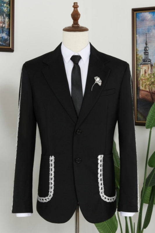 Formal Black Notched Lapel White Lace Chain Embellished Men Suits Secondary image