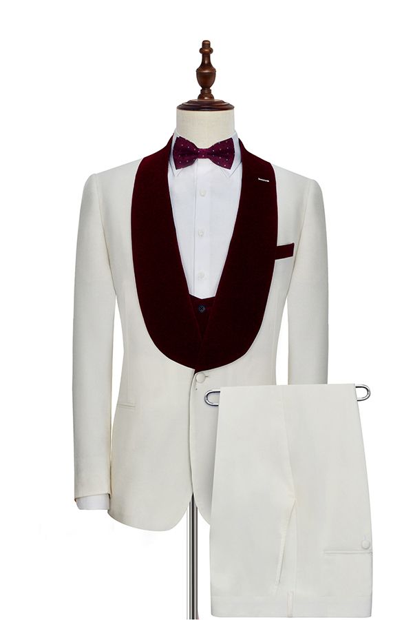 White One Button Burgundy Velvet Shawl Lapel With Waistcoat Men Suits Main image