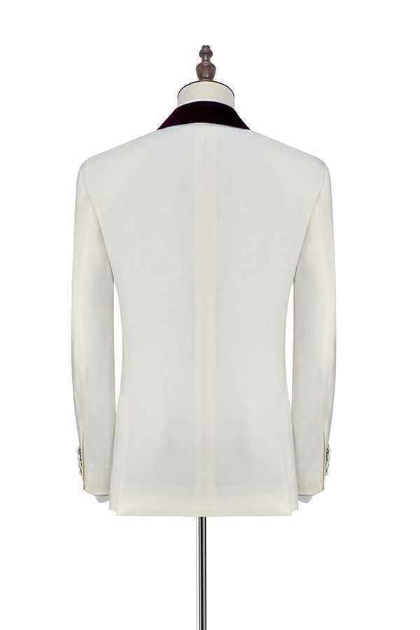 White One Button Burgundy Velvet Shawl Lapel With Waistcoat Men Suits