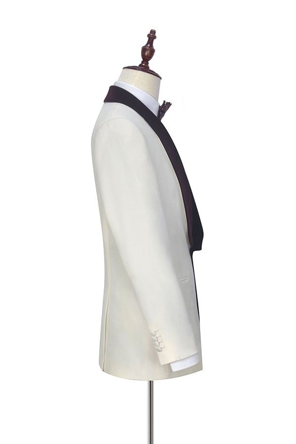 White One Button Burgundy Velvet Shawl Lapel With Waistcoat Men Suits