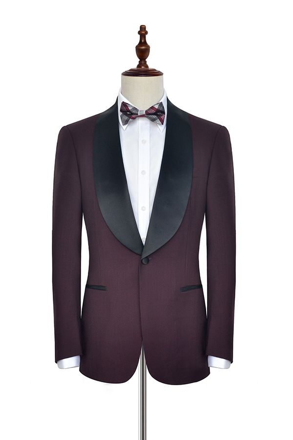 Luxury Burgundy One Button Black Shawl Lapel Men Suits