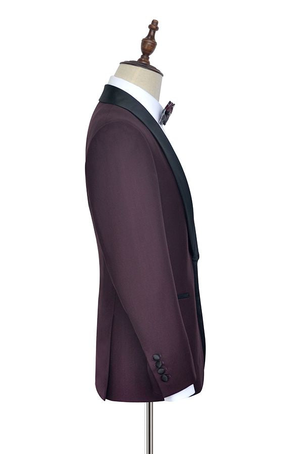 Luxury Burgundy One Button Black Shawl Lapel Men Suits