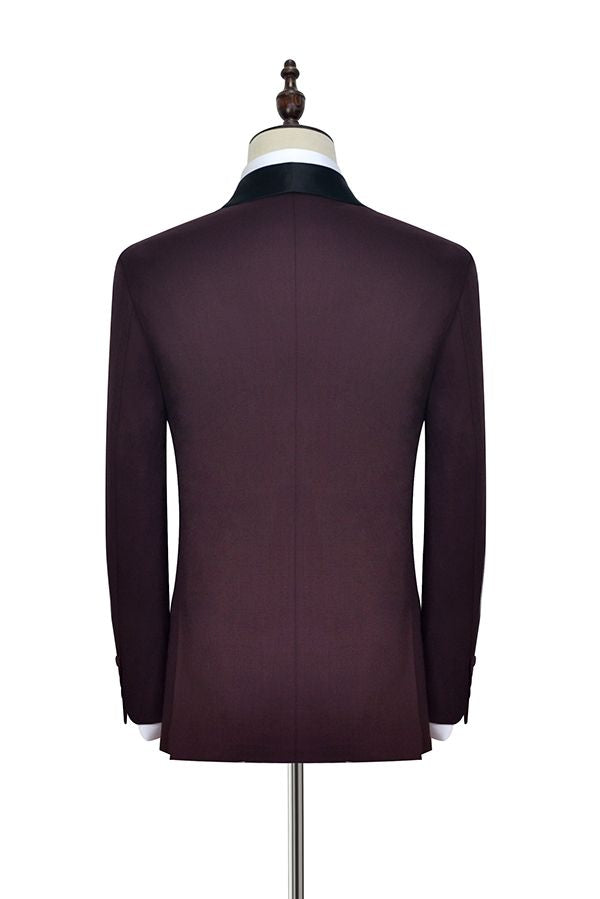 Luxury Burgundy One Button Black Shawl Lapel Men Suits