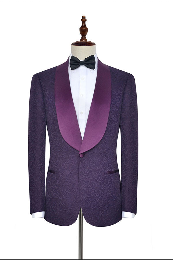 Dark Purple Jacquard One Button Satin Shawl Lapel Men Suits