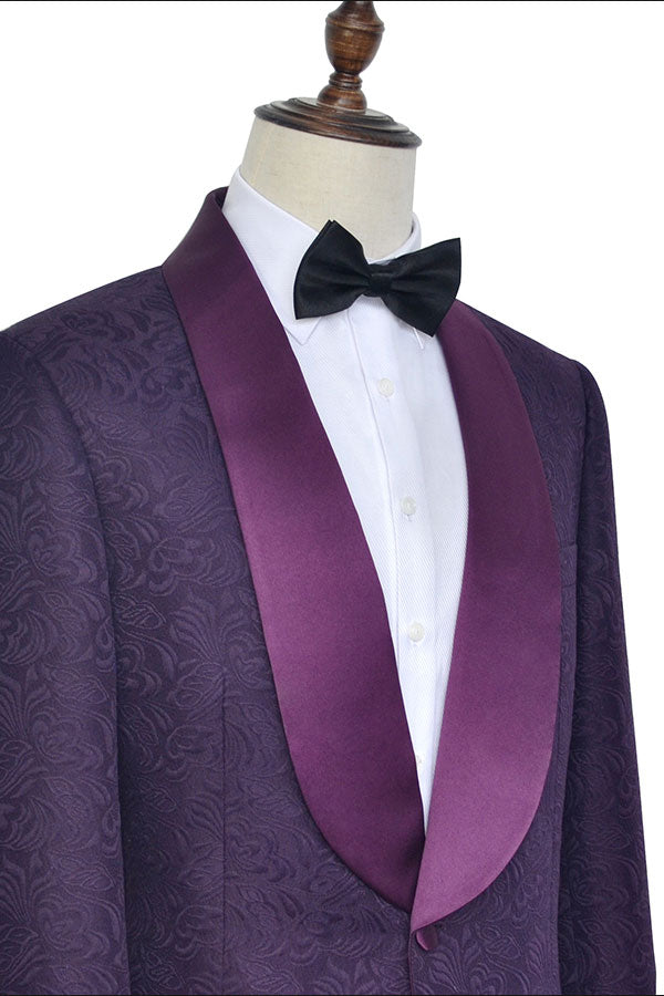 Dark Purple Jacquard One Button Satin Shawl Lapel Men Suits