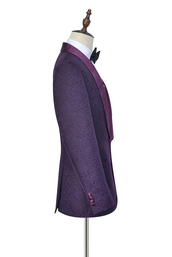 Dark Purple Jacquard One Button Satin Shawl Lapel Men Suits