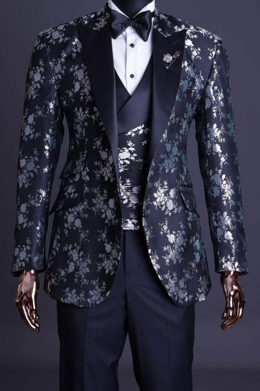 Fancy Black Jacquard Peaked Lapel 3 Piece Suits For Men