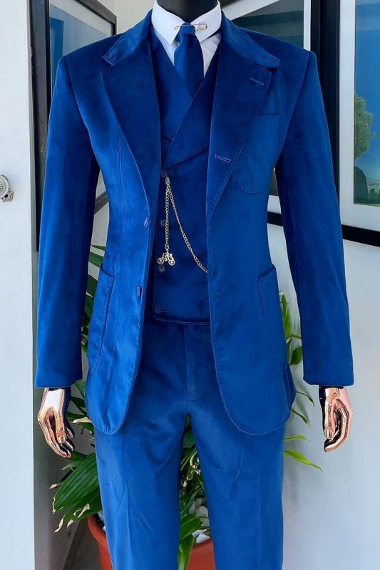 Royal Blue Velvet Notched Lapel 3 Piece Suits For Men