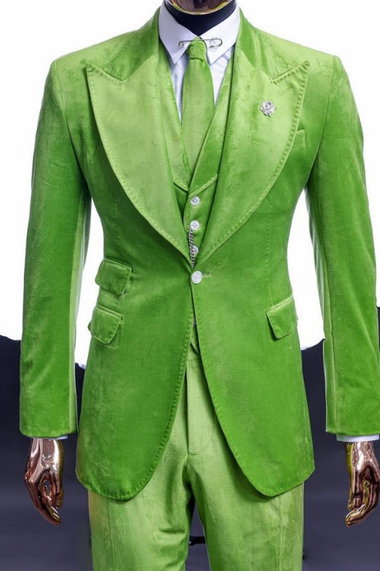 Bright Lime Green Velvet Peaked Lapel 3 Piece Suits For Men Main image